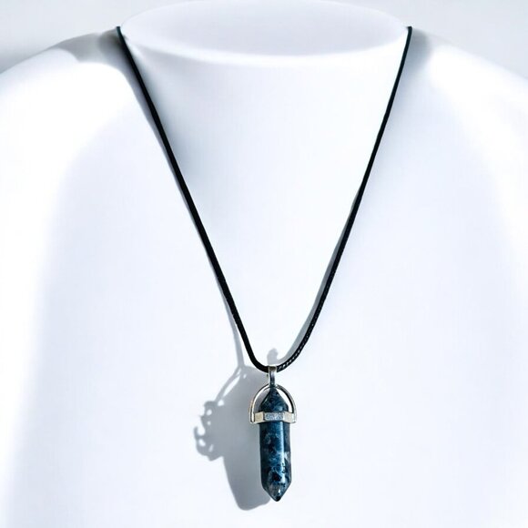 Black Labradorite Pendant Necklace With Adjustable Chain & Faux Leather Cord - Picture 2 of 8